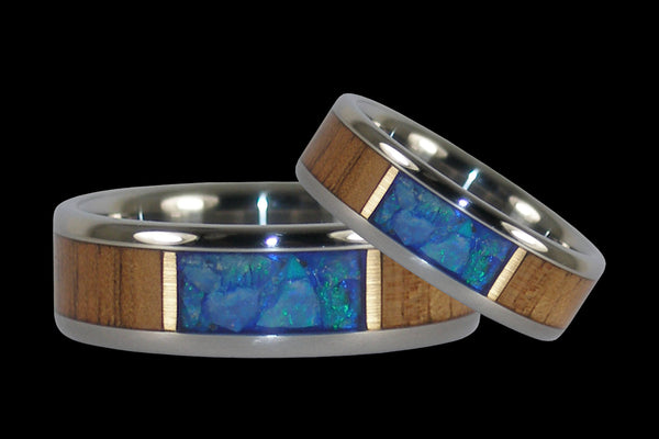 Opal and Fire Koa Wood Hawaii Titanium Ring® Set