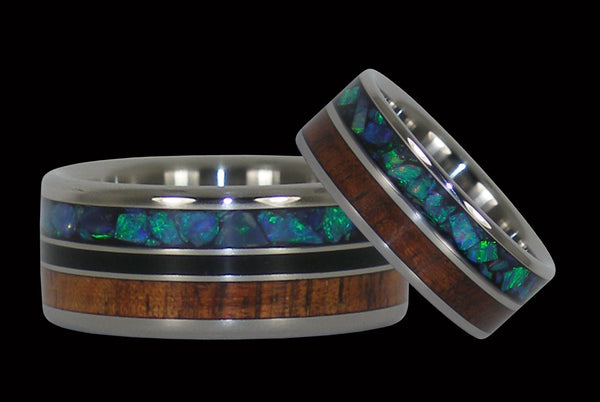 Australian Opal and Koa Titanium Ring Bands from Hawaii Titanium Rings®