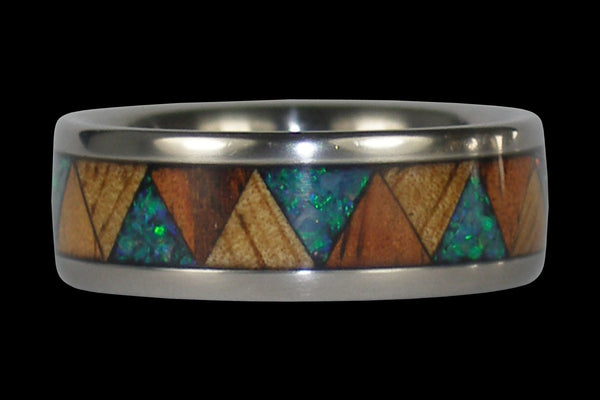 Exotic Wood and Opal Tribal Drum Titanium Ring