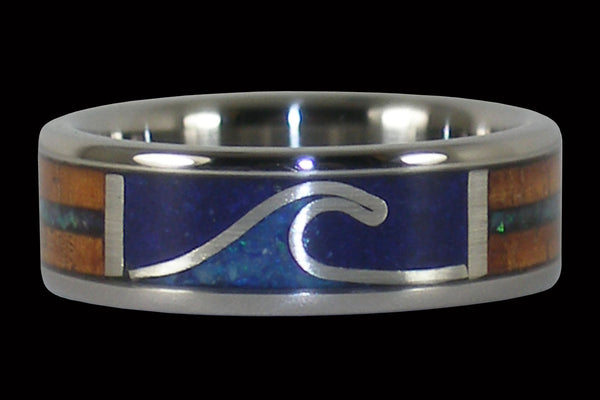 Wave Titanium Ring with Blue Opal and Wood
