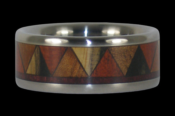 Titanium Ring with Tribal Design Wood Inlay