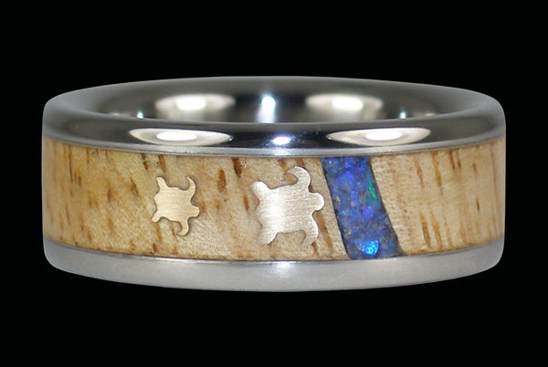 Mango Wood Titanium Ring for Mom with Two Turtles