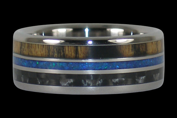Triple Inlay Titanium Ring Band with Wood and Opal