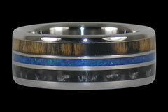 Triple Inlay Titanium Ring Band with Wood and Opal - Hawaii Titanium Rings
 - 1