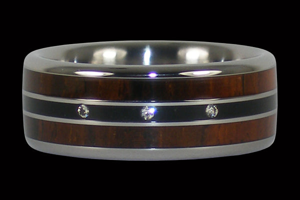 Titanium Ring Band with Three Diamonds and Cocobolo Wood