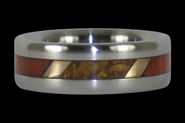 Gold Tigers Eye and Padauk Wood Titanium Ring