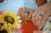 Opal Koa and Black Jet Titanium Ring se On Hands with Sunflowers - Hawaii Titanium Rings