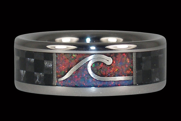 Titanium Surfer Ring with Carbon Fiber and Opal