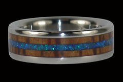 Palm Wood and Black Peacock Opal Titanium Ring - Hawaii Titanium Rings
