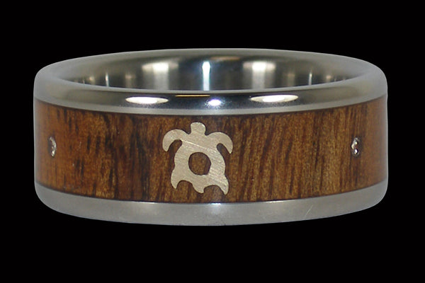 Titanium Koa Wood Ring with Turtle and Diamonds From Hawaii Titanium Ring®