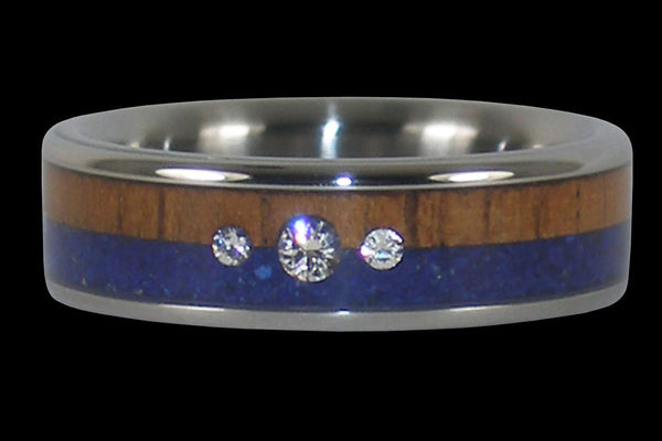 Three Diamond Lapis and Wood Titanium Ring