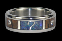 Palm Wood, blue Lightning Ridge opal and diamond titanium ring with sterling silver lucky 7 inlay — studio photo | Hawaii Titanium Rings®