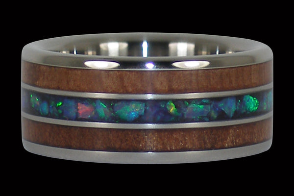 Titanium Ring with Redwood and Opal Inlay