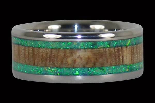 Titanium Ring with Mango Wood and Green Lab Opal