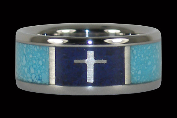 Turquoise Titanium Ring Band with Silver Cross in Dark Blue Lapis