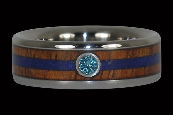Blue Diamond Hawaii Titanium Ring® with Wood and Stone Inlay
