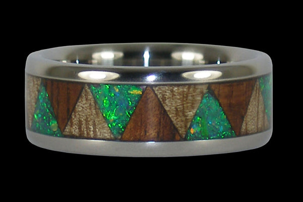 Tribal Hawaii Titanium Ring® with Green Opal Koa and Mango Wood