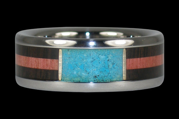 Turquoise and Wood Inlay Titanium Ring