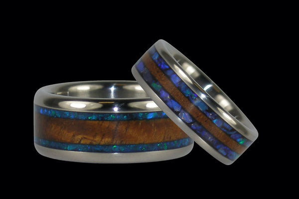 Black Opal and Koa Wood Hawaii Titanium Ring® Set