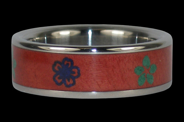 Titanium Wood Ring Engraved with Hawaiian Flowers