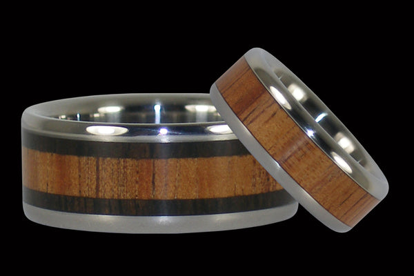 Hawaii Titanium Ring® Set with Hawaiian Koa Wood and Black Wood Inlays
