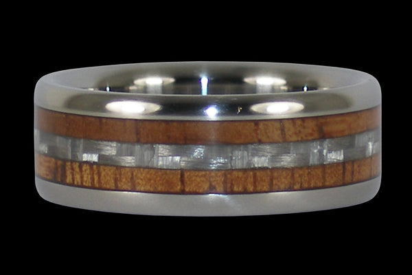 White Carbon Fiber Hawaii Titanium Ring® with Hawaiian Fire Koa Wood