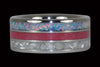 White Pearl, Blue Fire Opal, and Pink Ruby Titanium Ring Band Stack Appearance