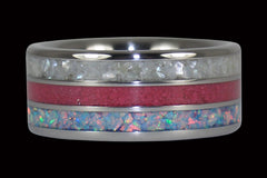 White Pearl, Blue Fire Opal, and Pink Ruby Titanium Ring Band Stack Appearance