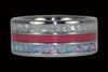 White Pearl, Blue Fire Opal, and Pink Ruby Titanium Ring Band Stack Appearance