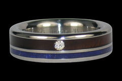 Black Opal and Dark Koa Wood  Diamond Inlay Titanium Ring - Hawaii Titanium Rings