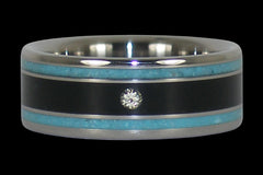 White Diamond Blue Turquoise and Black Wood Titanium Ring - Hawaii Titanium Rings
