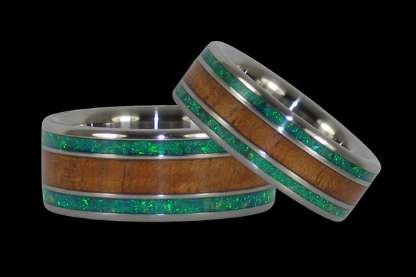 Green Lab Opal and Hawaiian Koa Titanium Ring Set From Hawaii Titanium Rings®