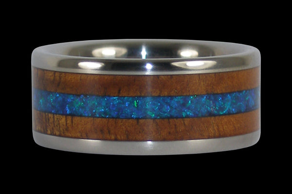 Hawaii Titanium Ring® with Synthetic Opal and Koa Wood