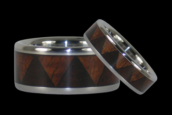 Tribal Pattern Titanium Hawaiian Wood Ring Set