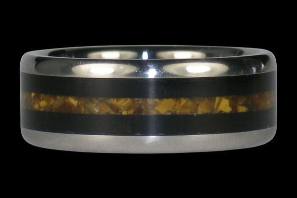 Black Wood and Gold Tigers Eye Titanium Ring