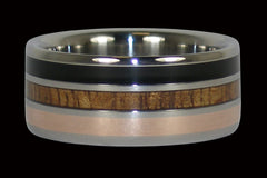 Black Wood and Koa Wood Titanium Ring with Rose Gold - Hawaii Titanium Rings
 - 1