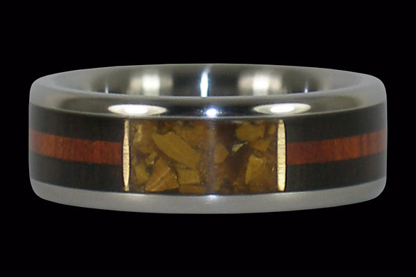 Gold Tigers Eye Titanium Ring with Wood Inlay