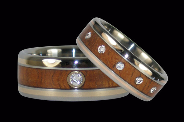 Gold and Koa Wood Inlay Titanium Diamond Rings from Hawaii Titanium Rings®