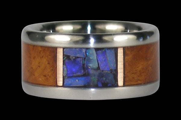 Black Opal and Amboina Wood Titanium Ring