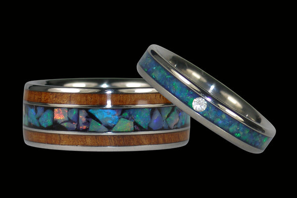 Opal and Koa Titanium Wedding Rings from Hawaii Titanium Rings®