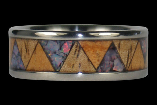 Red Opal and Exotic Wood Titanium Tribal Ring Band