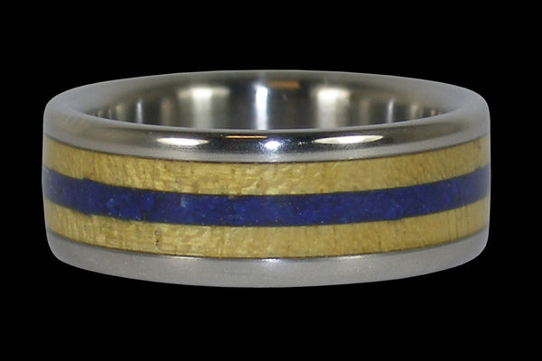 Yellow Wood and Blue Stone Titanium Ring