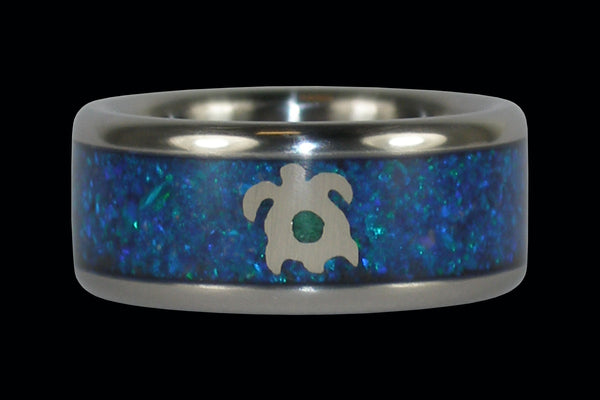 Opal Titanium Ring with White Gold Turtle