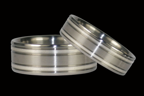 Silver Inlay Titanium Ring Set