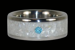 White Pearl Blue Diamond Titanium Ring - Hawaii Titanium Rings
