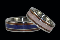 Pink and Blue Titanium Ring Set with Koa Wood Inlay - Hawaii Titanium Rings
 - 1
